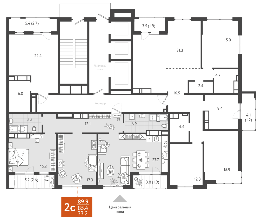 Планировка: 2-комн. квартира 89,2 м²