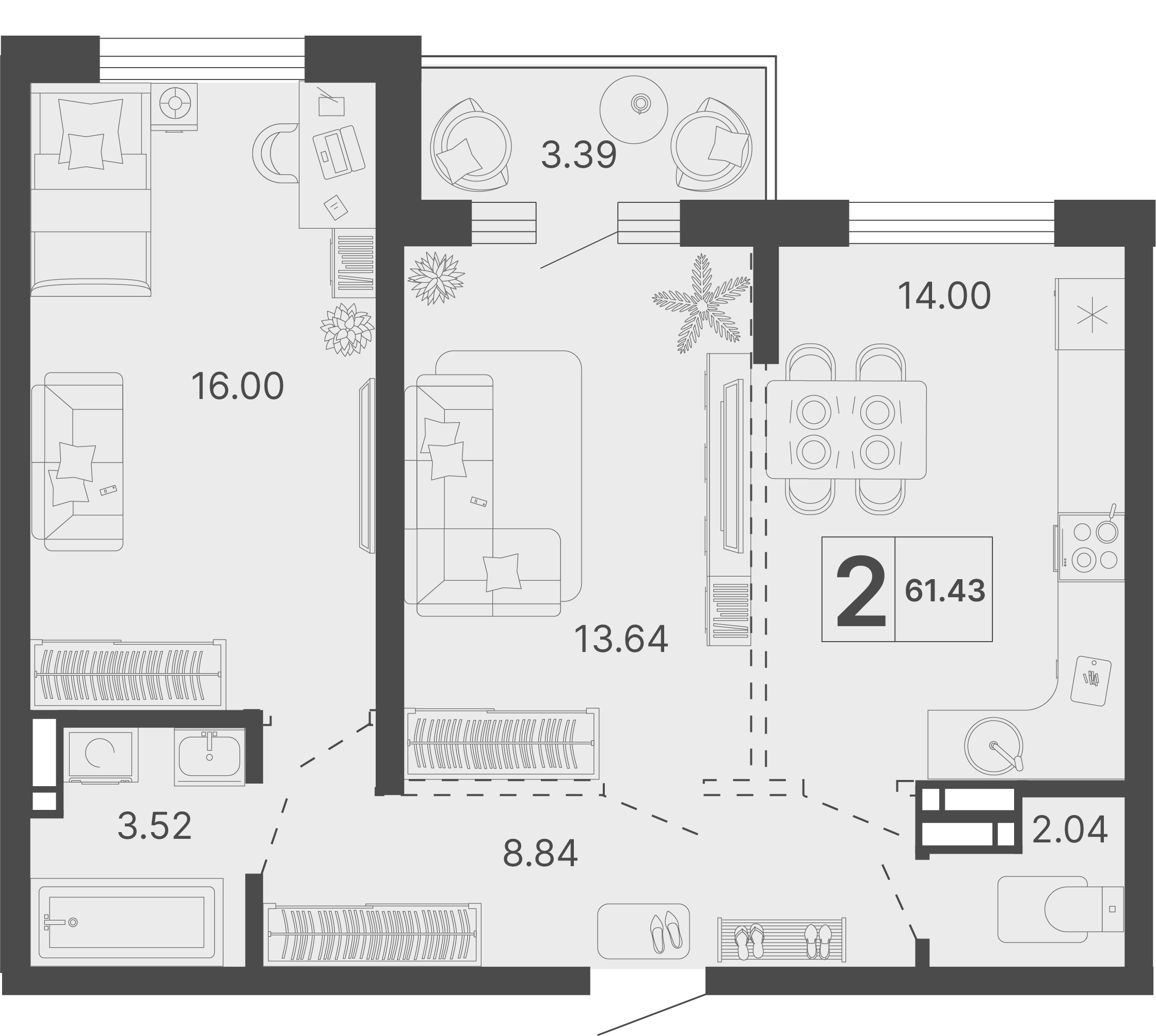 Планировка 2-комнатная 61,43 м²