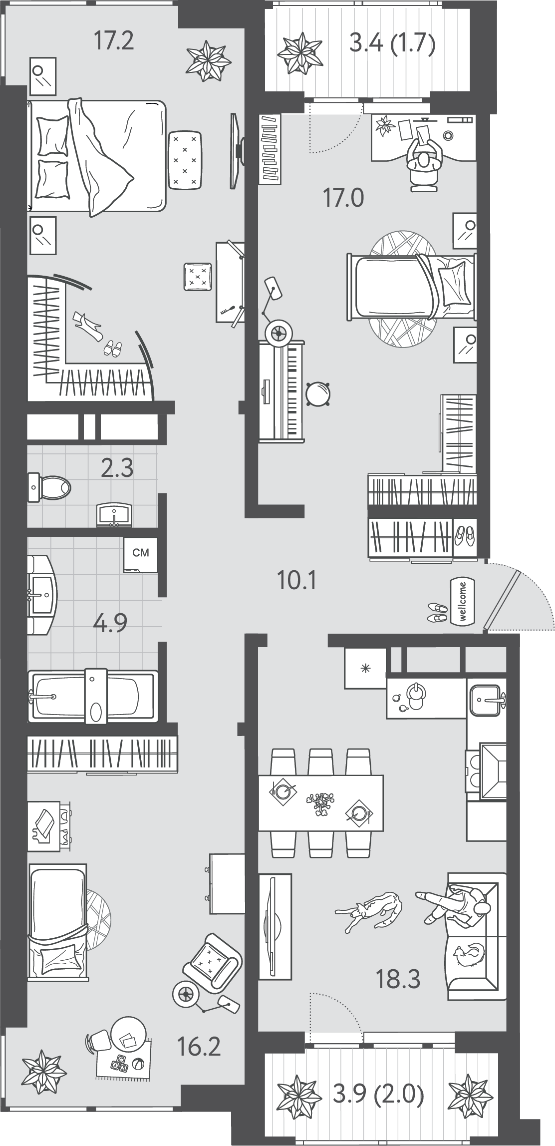 Планировка: 3-комн. квартира 89,7 м²