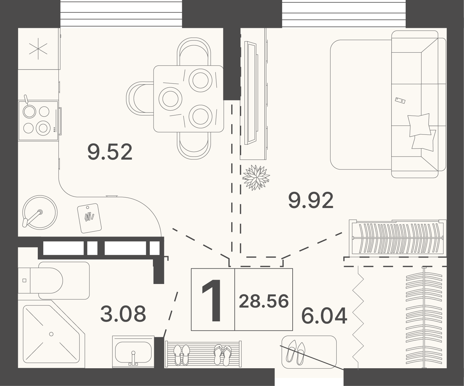 Планировка 1-комнатная 28,56 м²