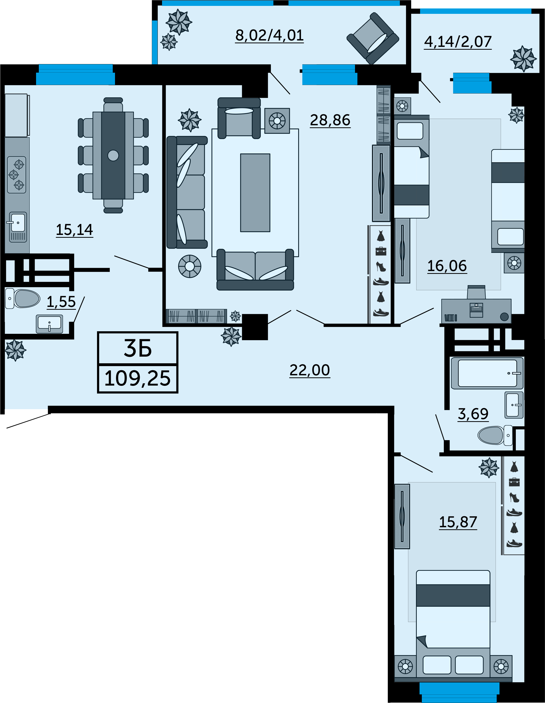 Планировка 3-комнатная 109,7 м²