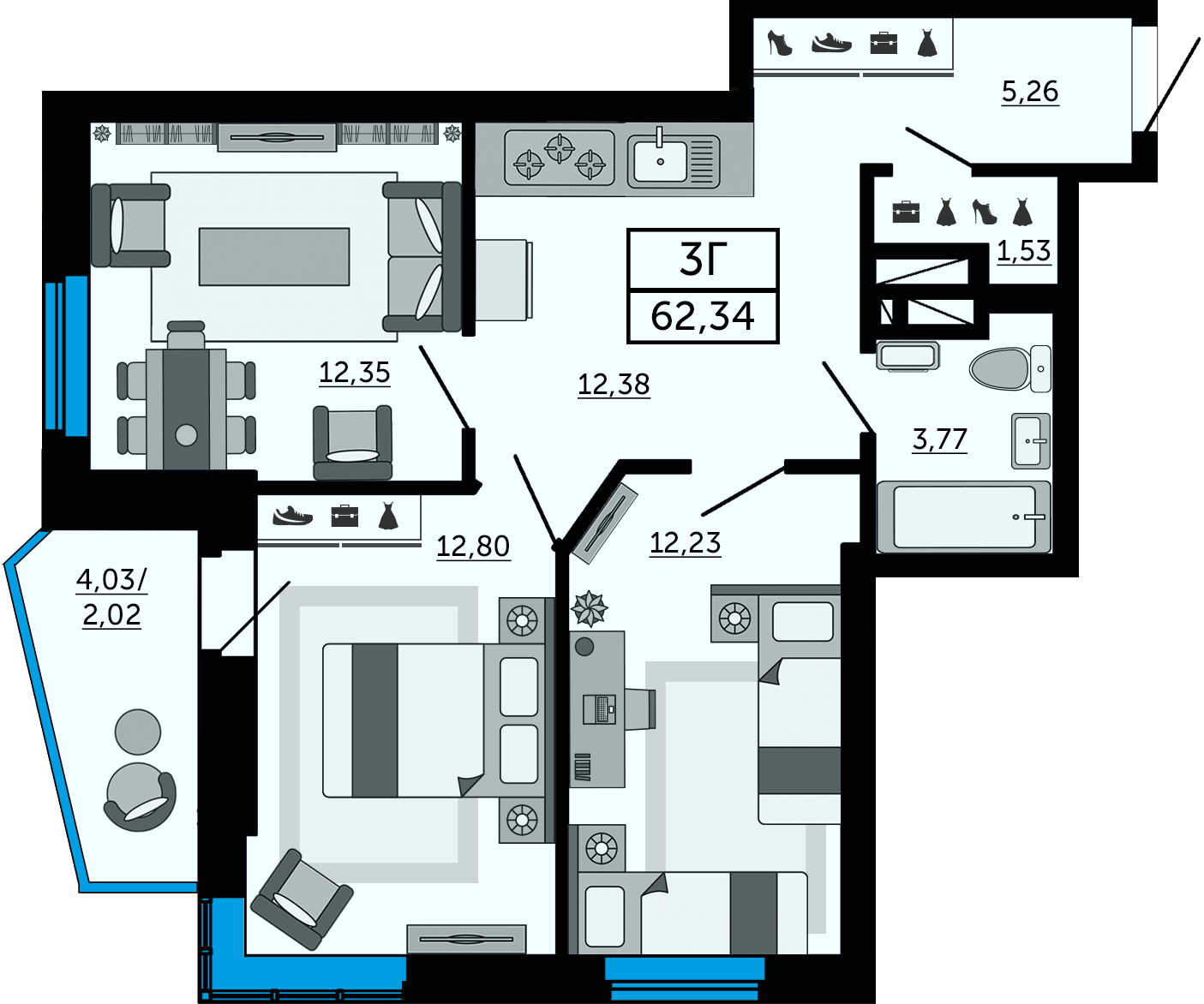 Планировка 3-комнатная 62 м²