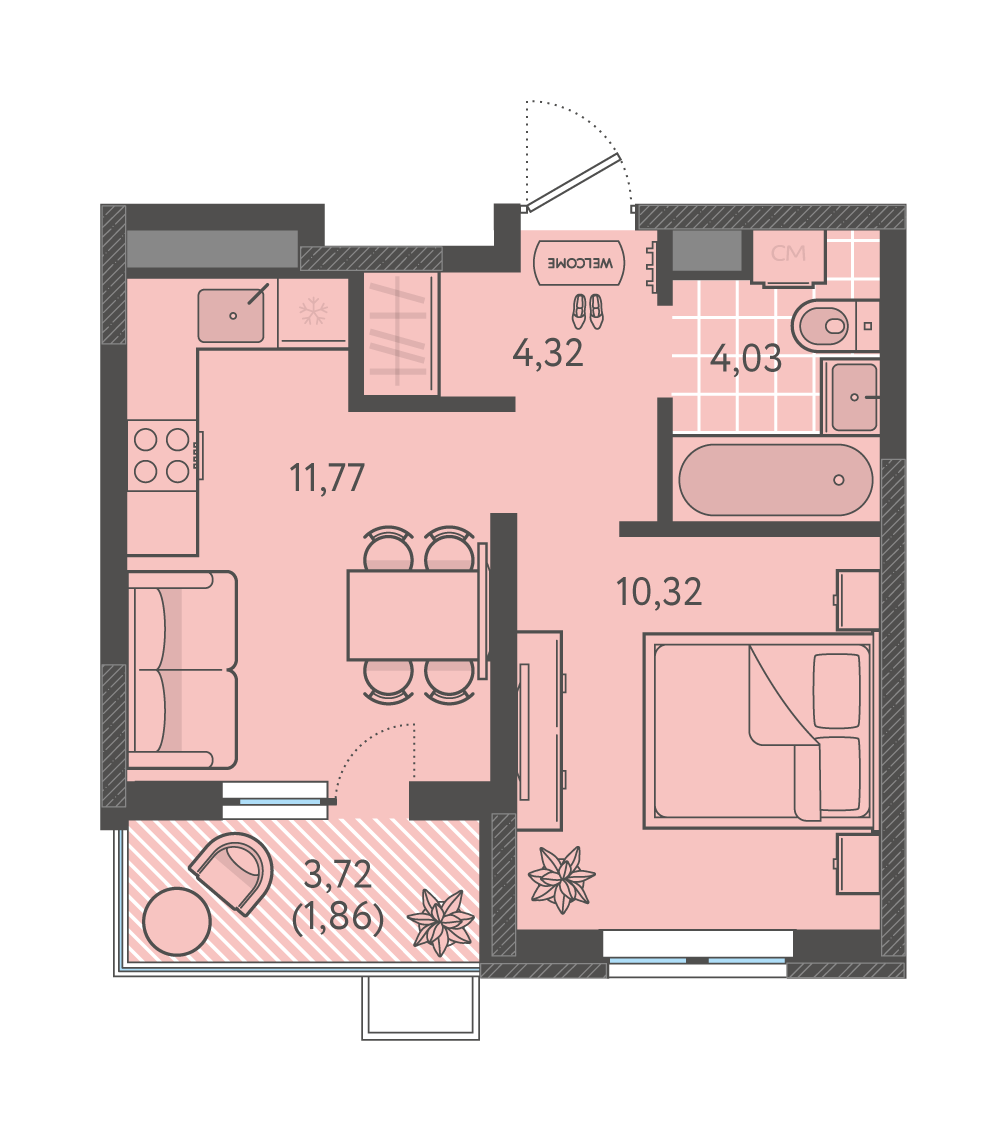 Планировка 1-комнатная 32,3 м²