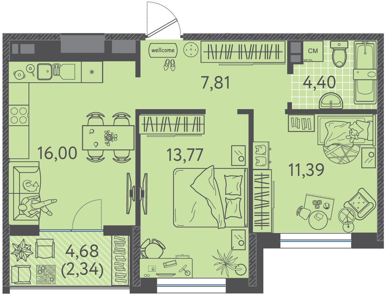 Планировка 2-комнатная 55,05 м²