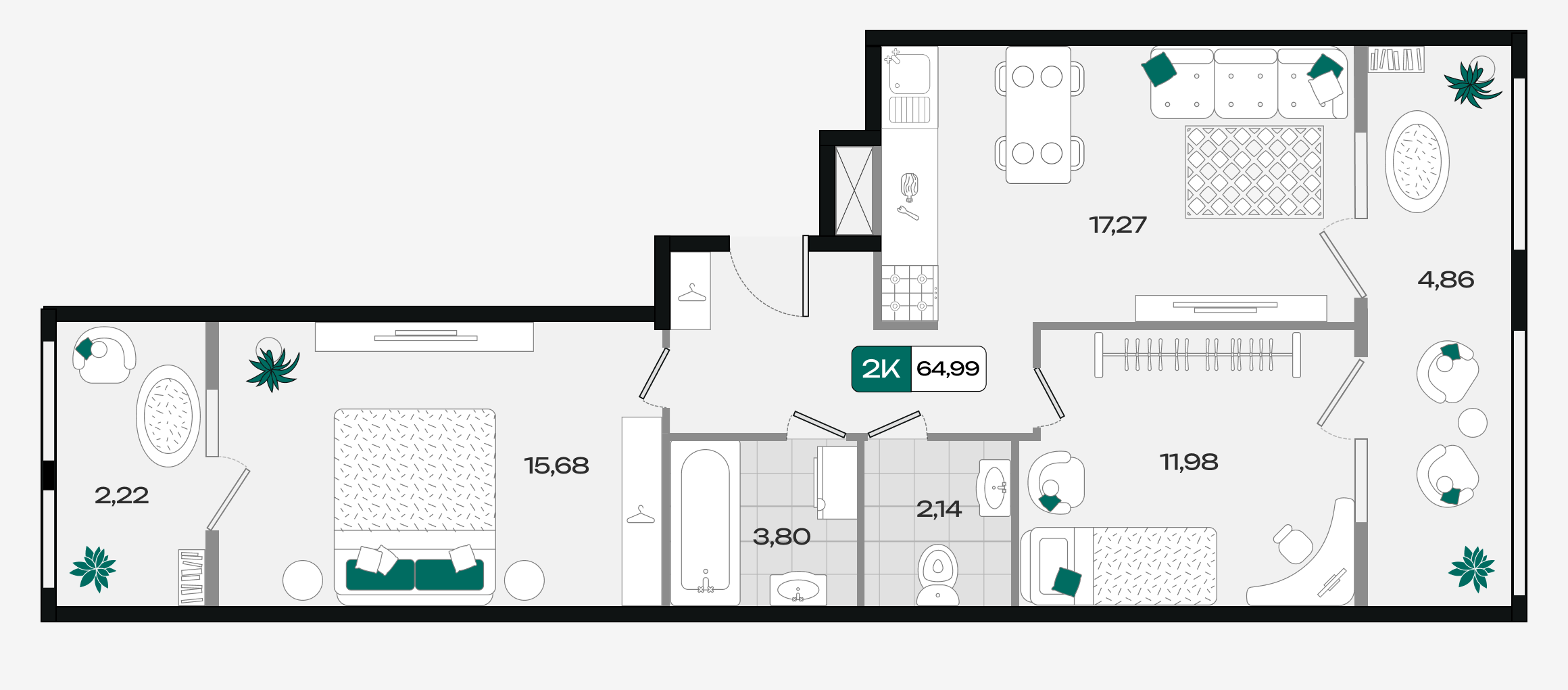 Планировка: 2-комн. квартира 65 м²