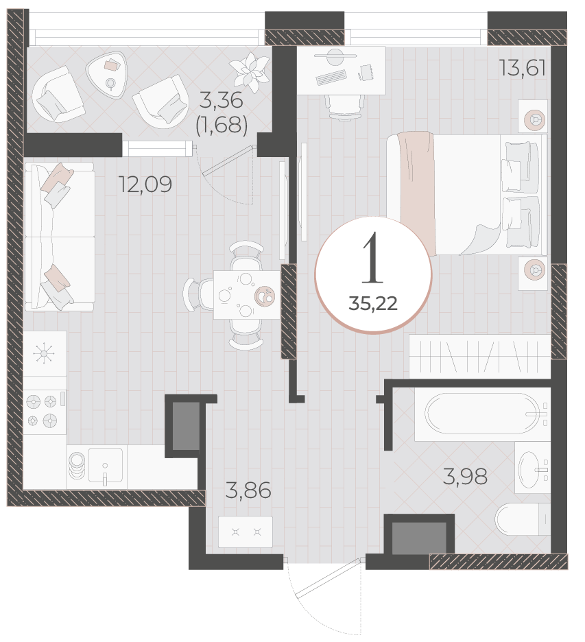 Планировка: 1-комн. квартира 35,2 м²
