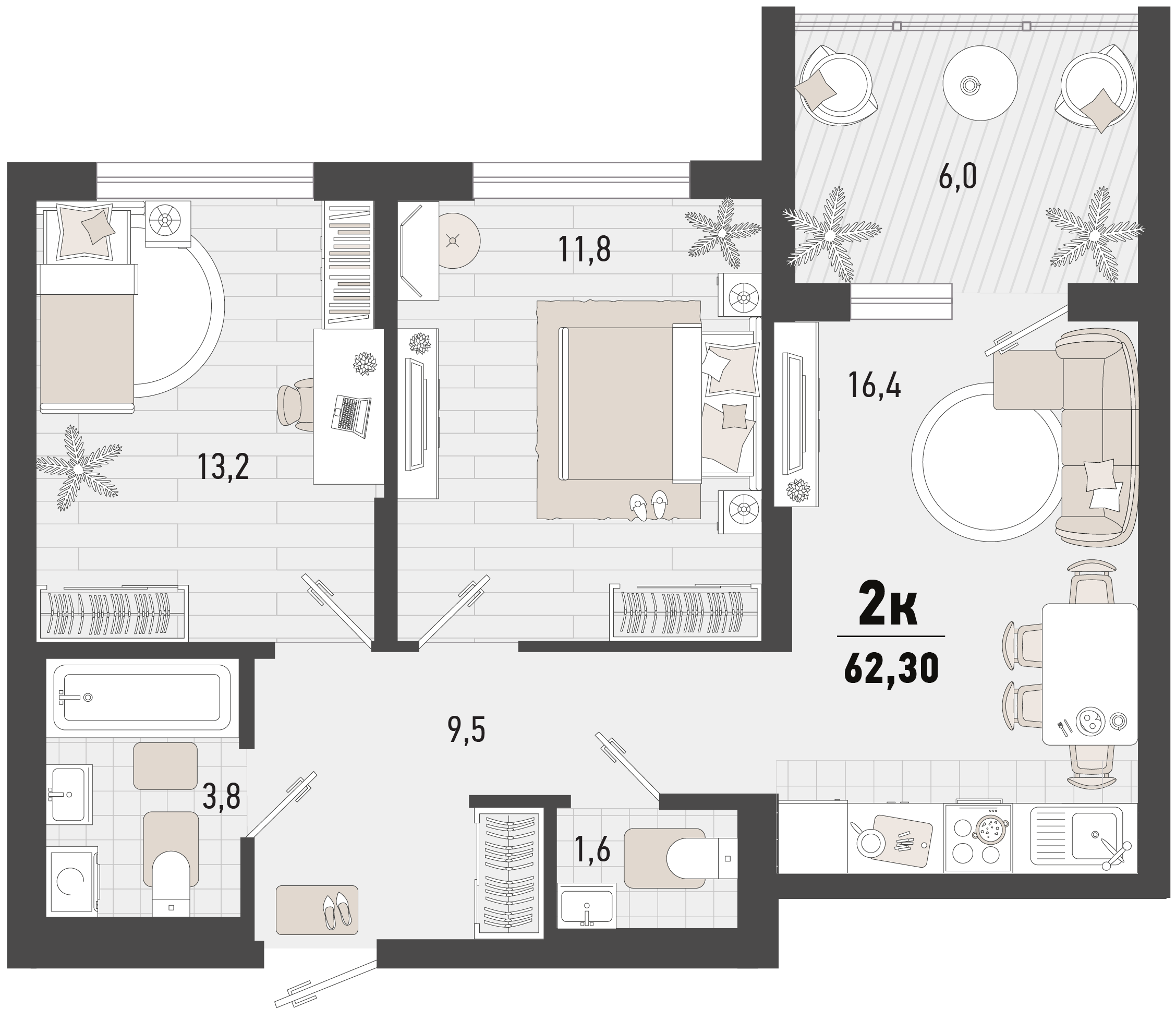 Планировка 2-комнатная 62,3 м²