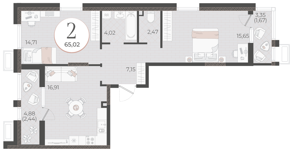 Планировка: 2-комн. квартира 65 м²