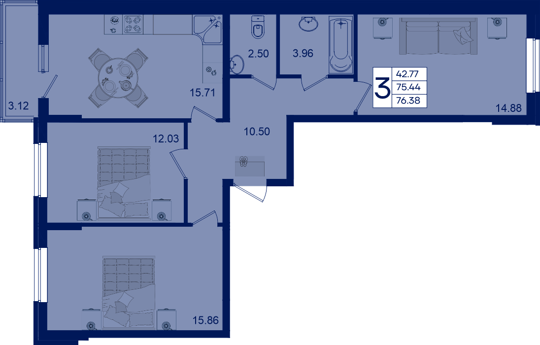Планировка 3-комнатная 76,38 м²