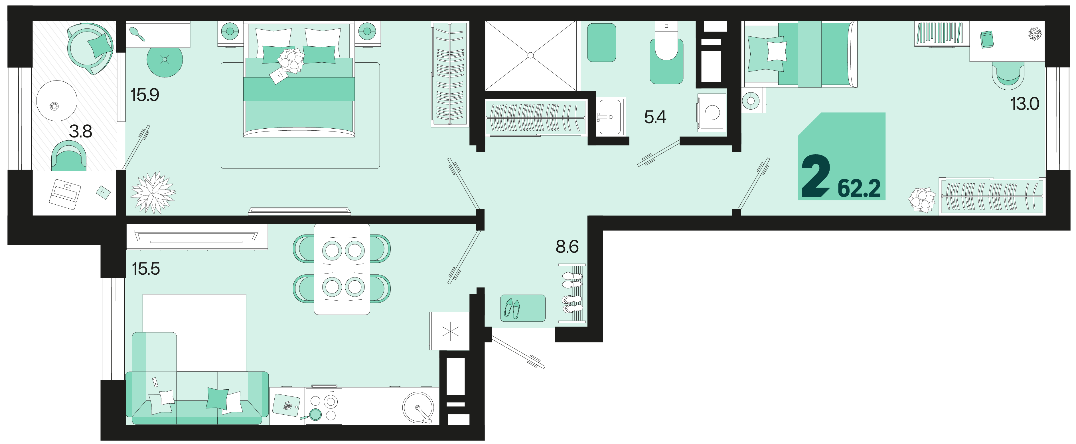 Планировка 2-комнатная 62,2 м²
