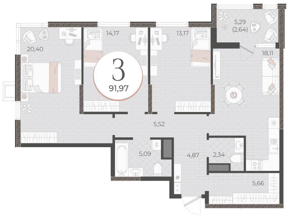 Планировка 3-комнатная 91,97 м²