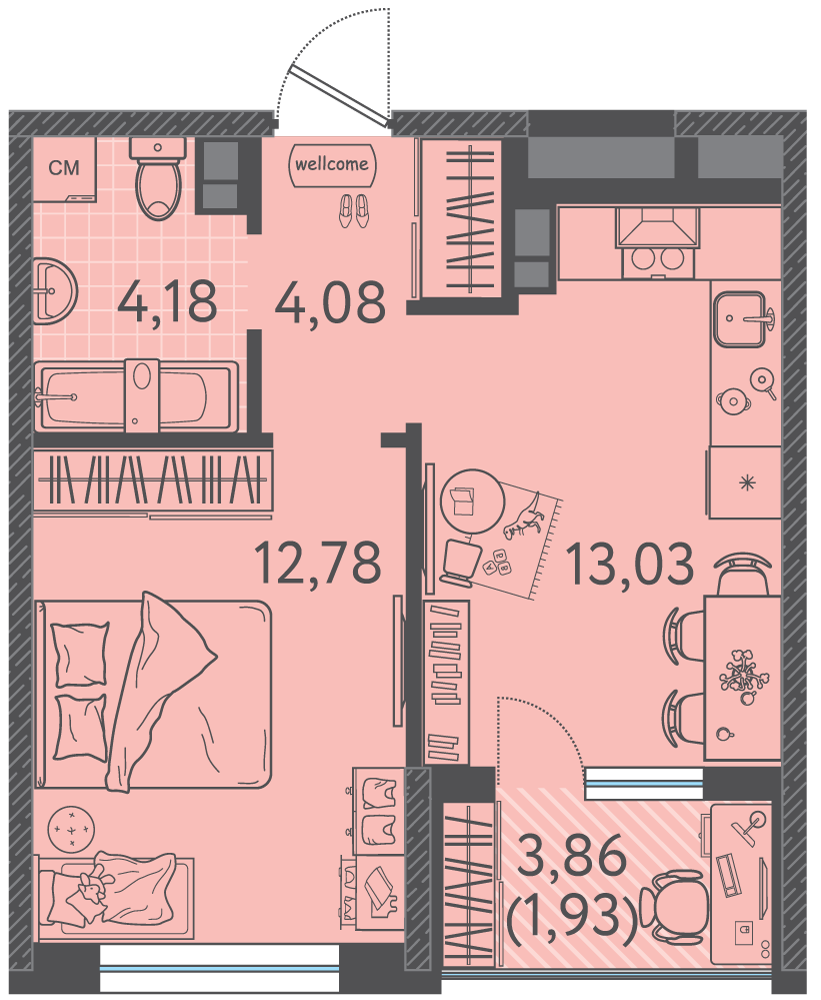 Планировка: 1-комн. квартира 35,9 м²
