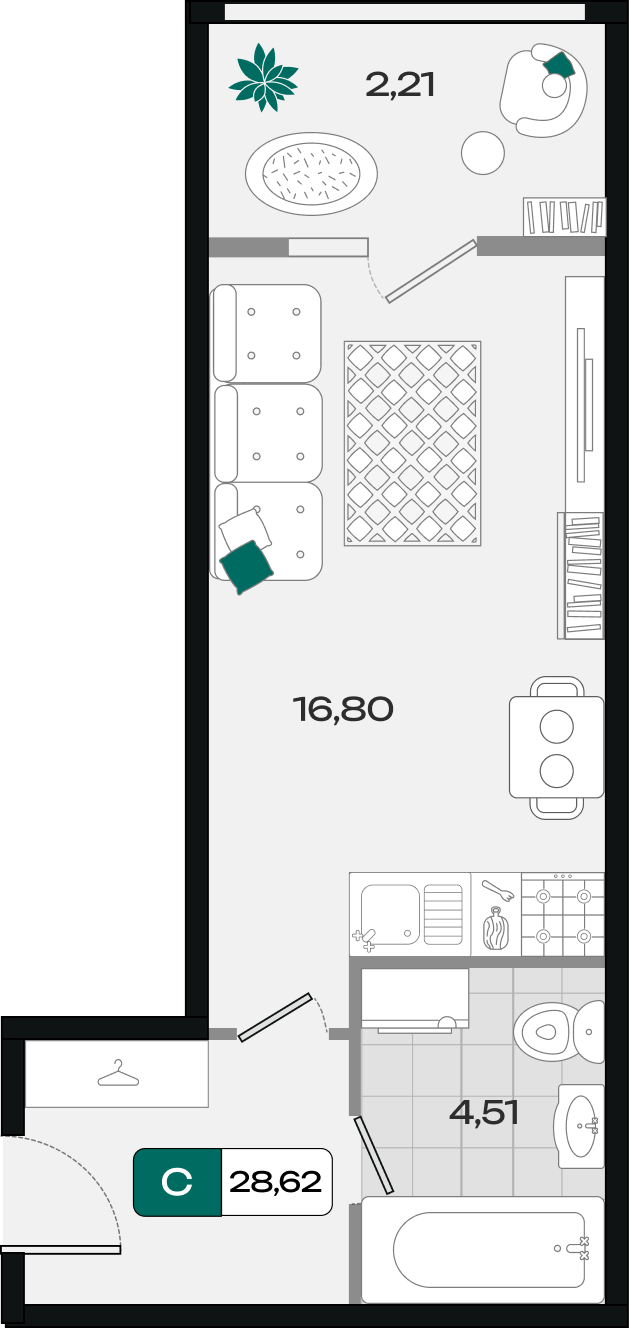 Планировка Студия 28,62 м²