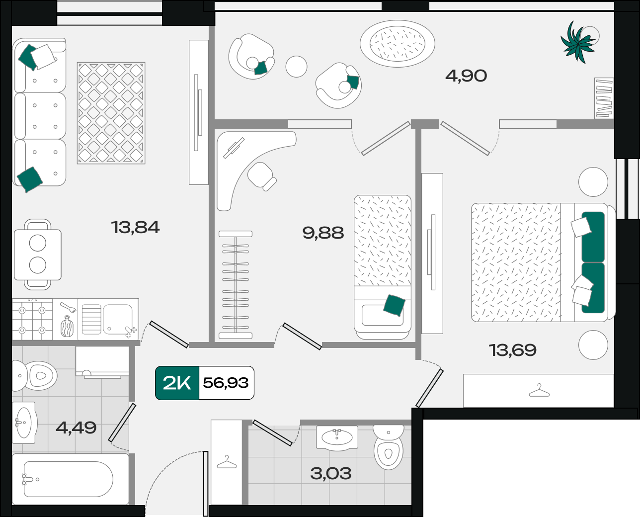 Планировка: 2-комн. квартира 56,9 м²