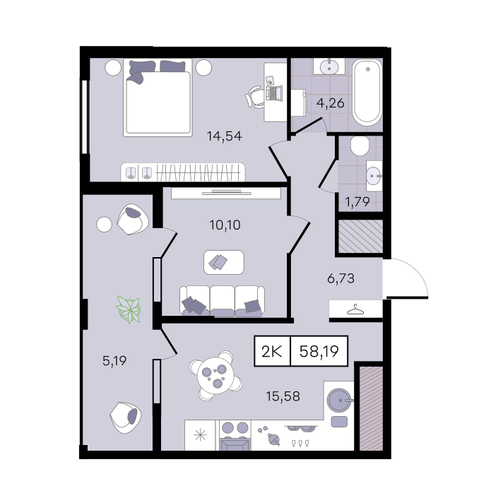 Планировка 2-комнатная 58,19 м²