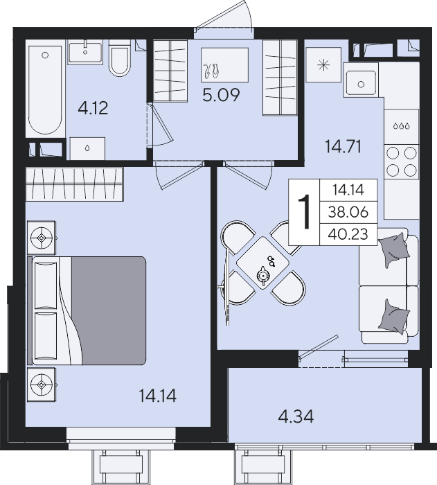 Планировка 1-комнатная 40,23 м²