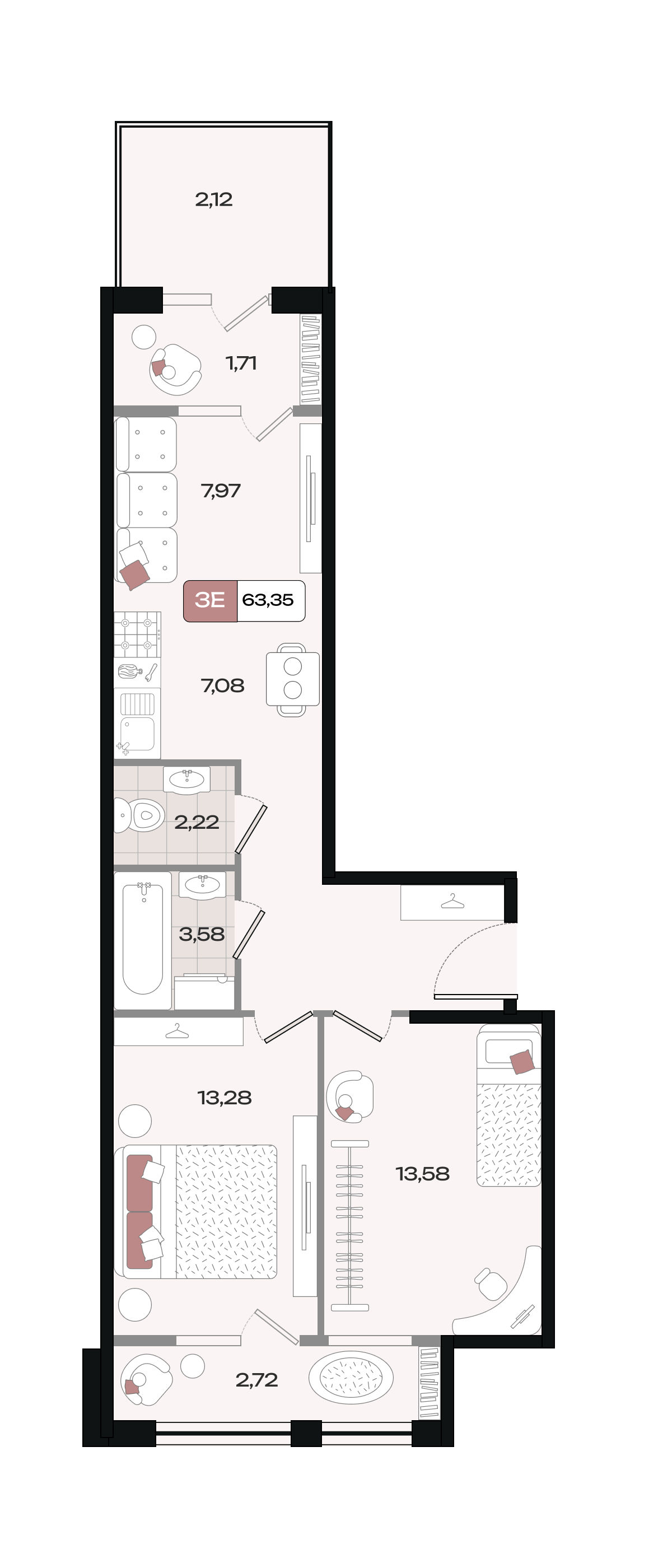 Планировка 3-комнатная 63,35 м²