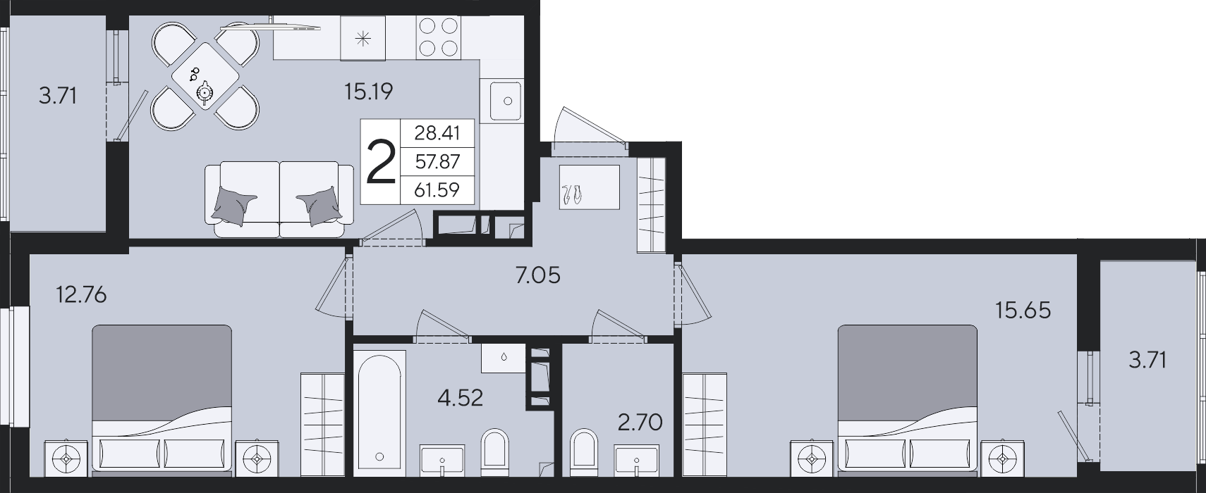 Планировка 2-комнатная 61,59 м²
