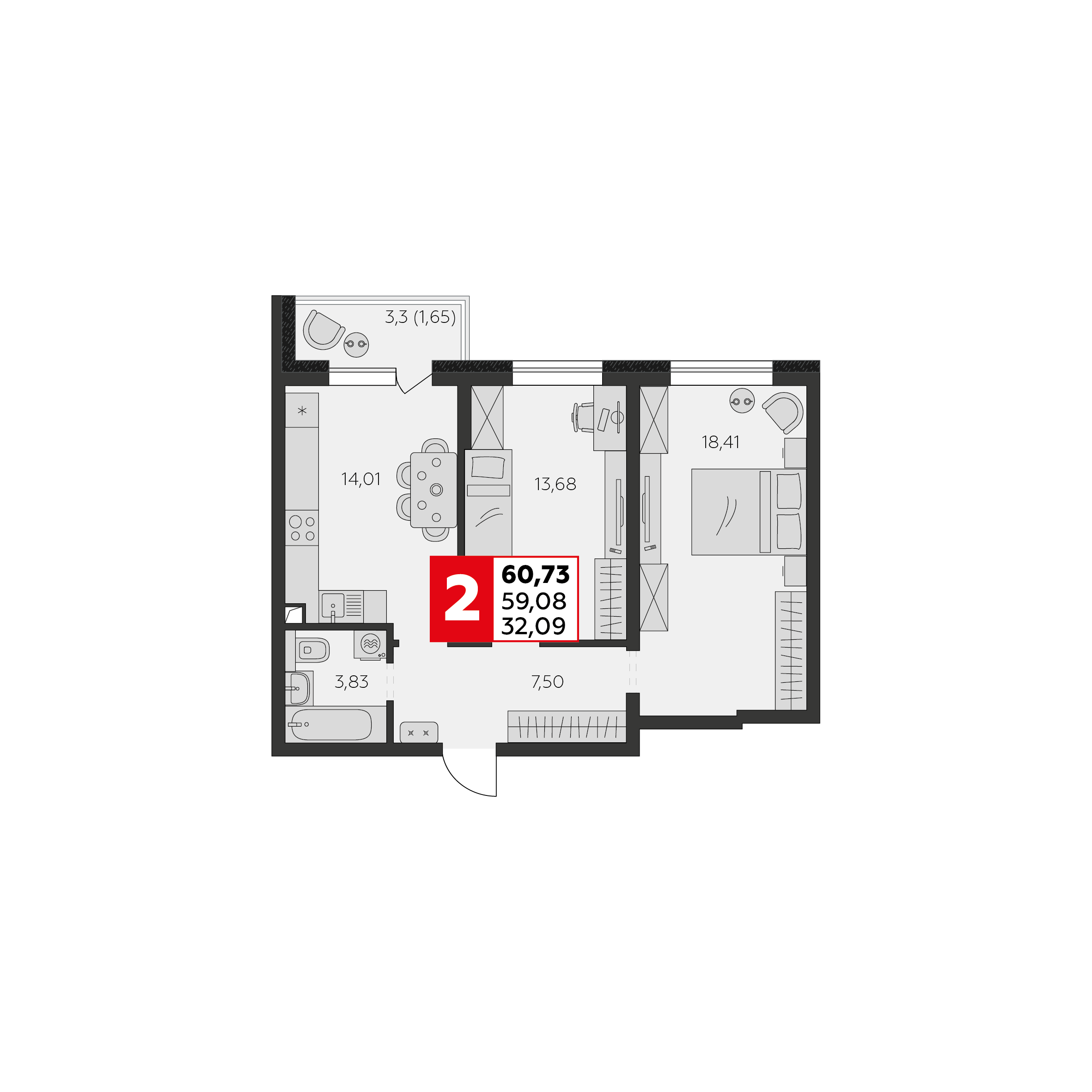 Планировка: 2-комн. квартира 59,1 м²