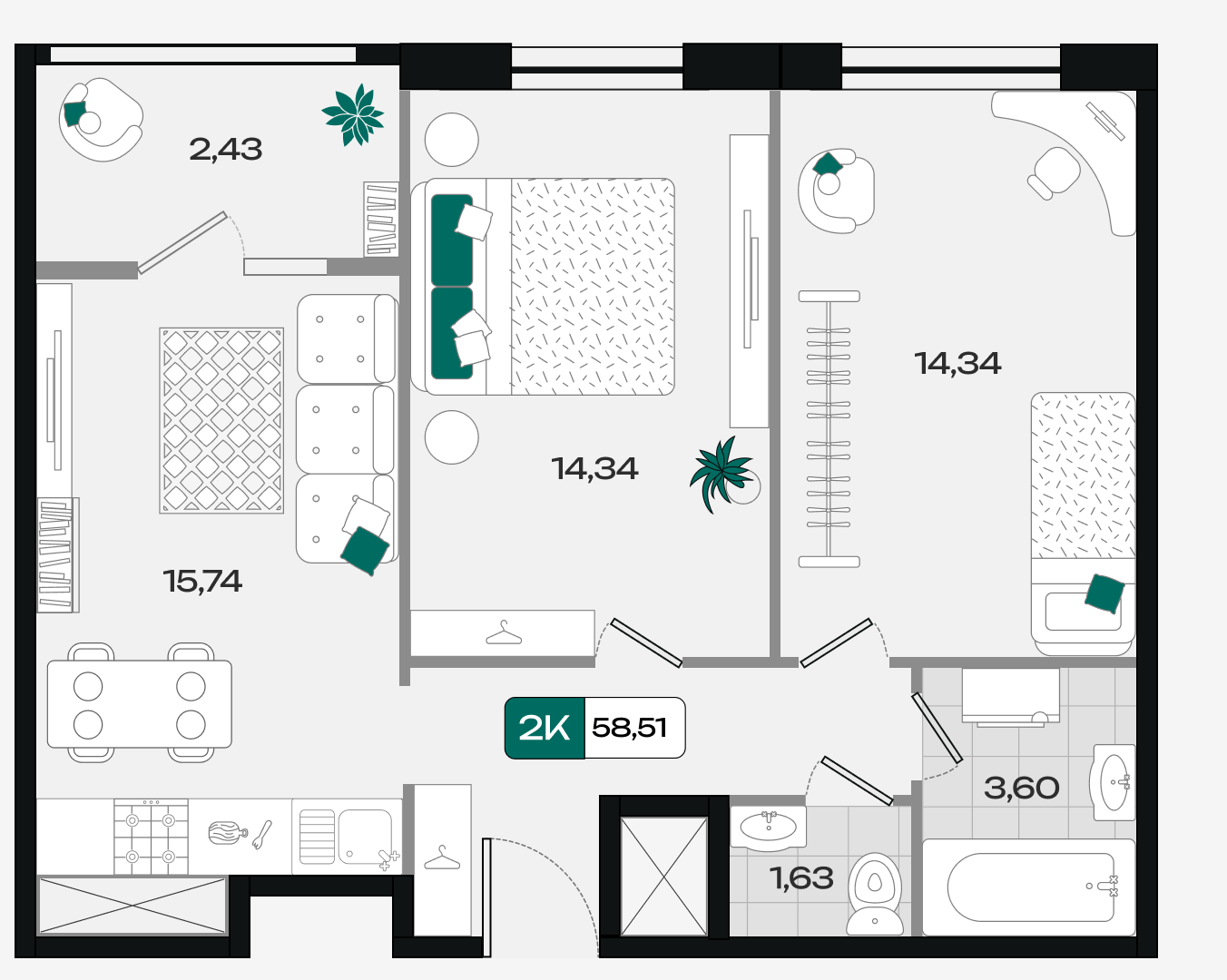 Планировка: 2-комн. квартира 58,5 м²