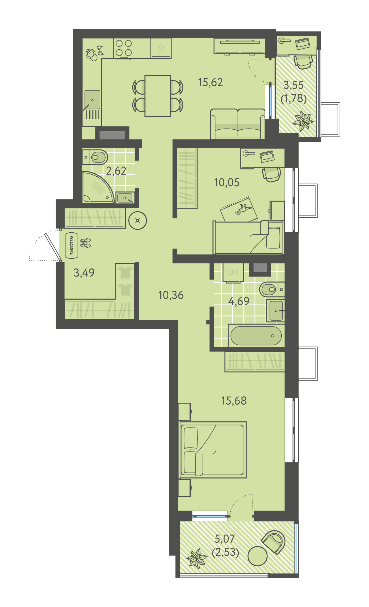 Планировка: 2-комн. квартира 66,8 м²