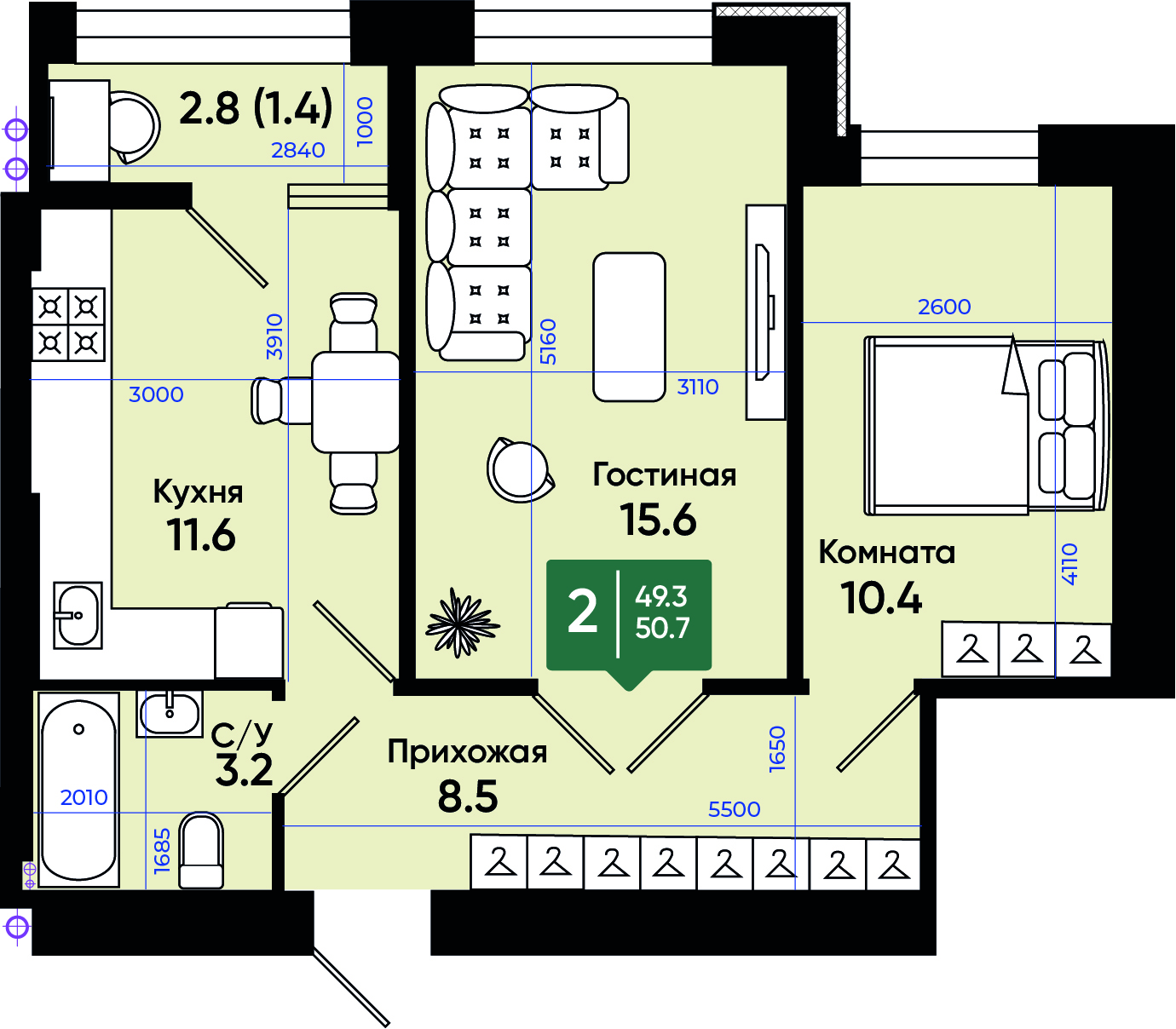 Планировка: 2-комн. квартира 51,3 м²