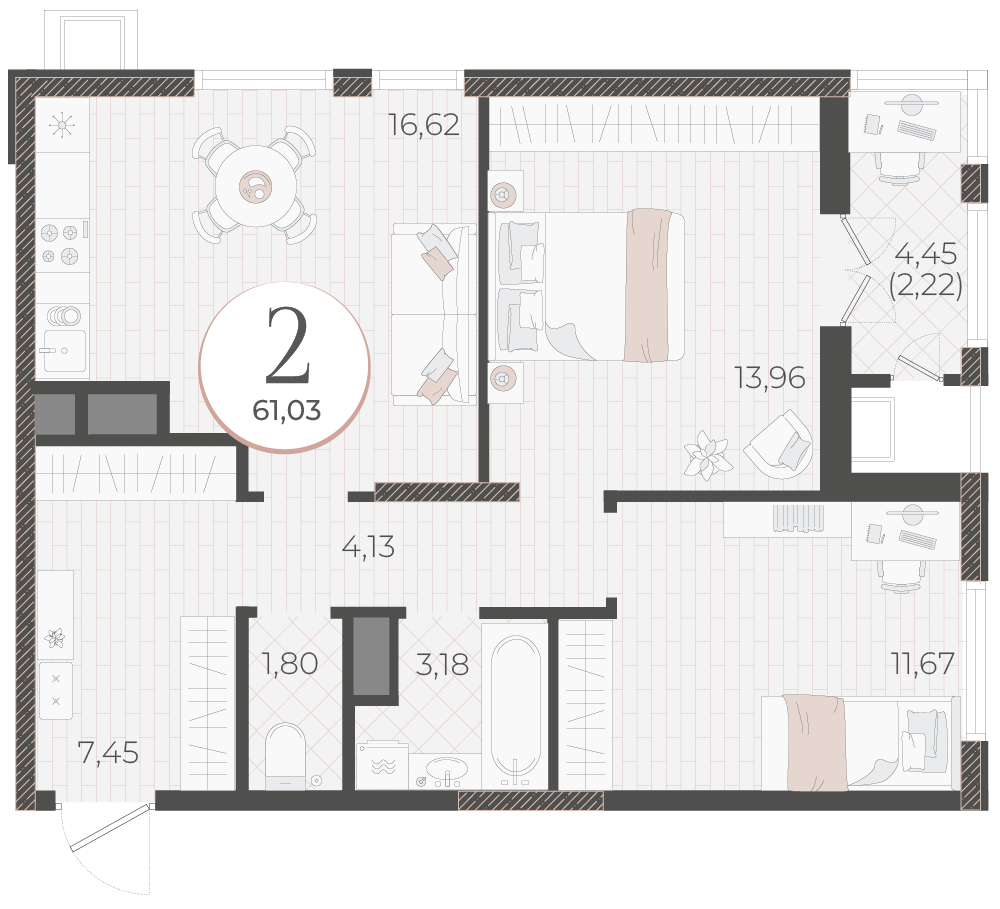 Планировка 2-комнатная 61,03 м²
