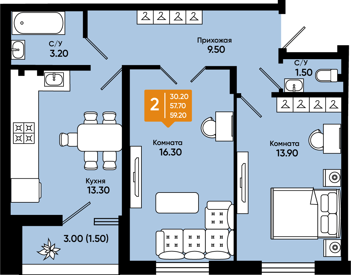 Планировка: 2-комн. квартира 59,2 м²