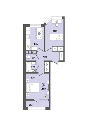 Планировка 2-комнатная 51,82 м²