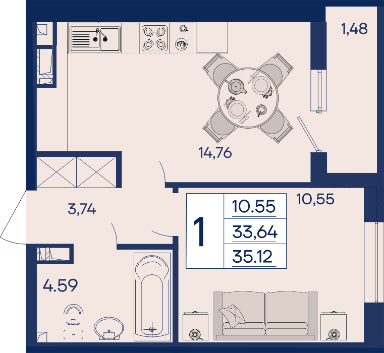 Планировка 1-комнатная 35,12 м²