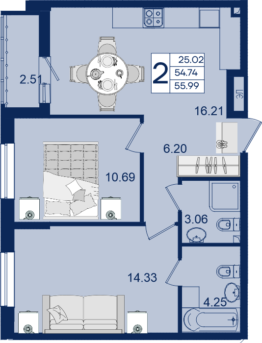 Планировка: 2-комн. квартира 56 м²