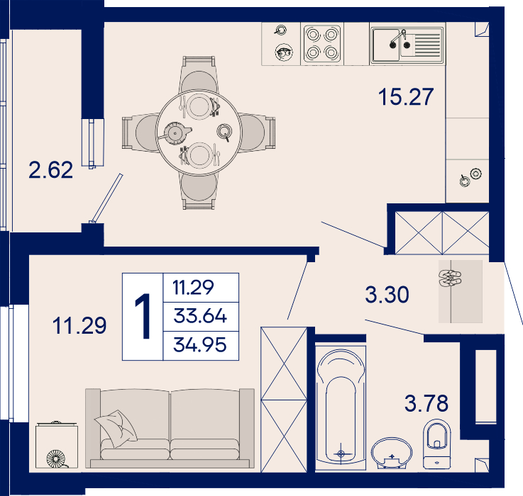 Планировка: 1-комн. квартира 35 м²