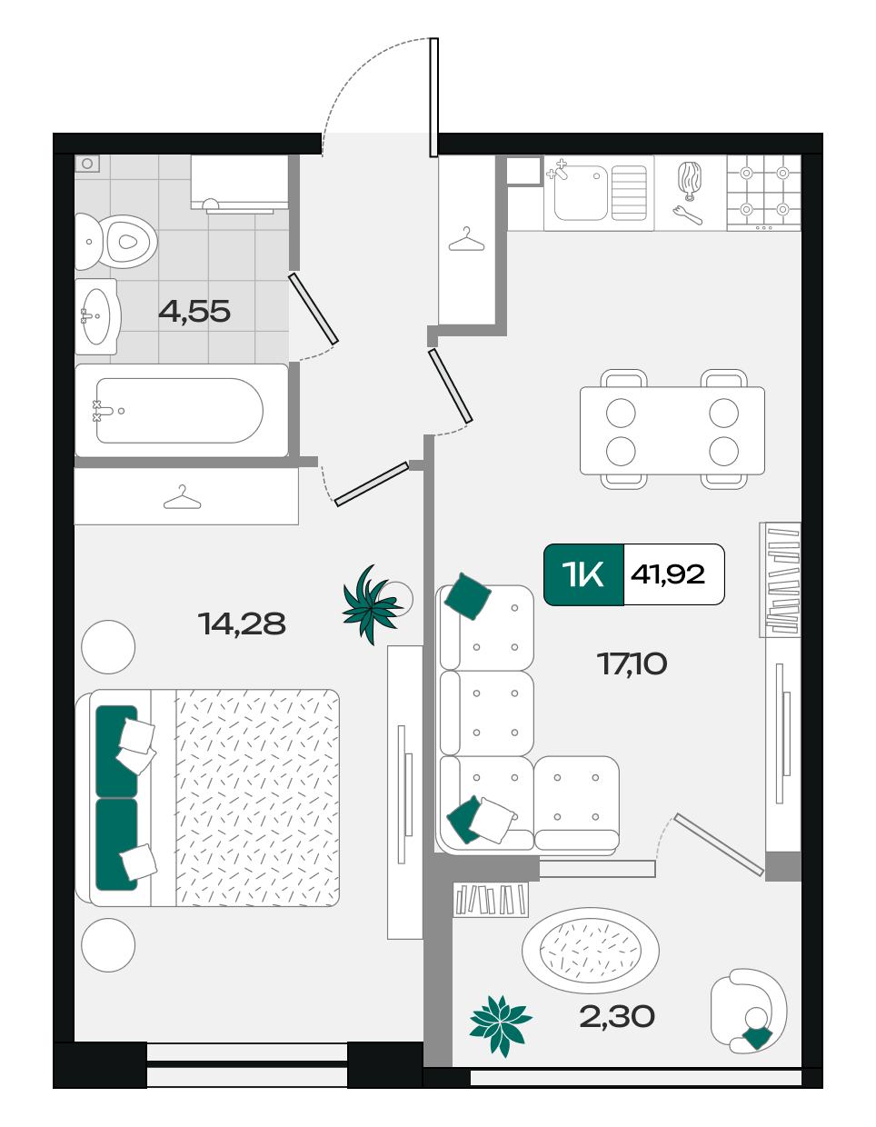 Планировка: 1-комн. квартира 41,9 м²