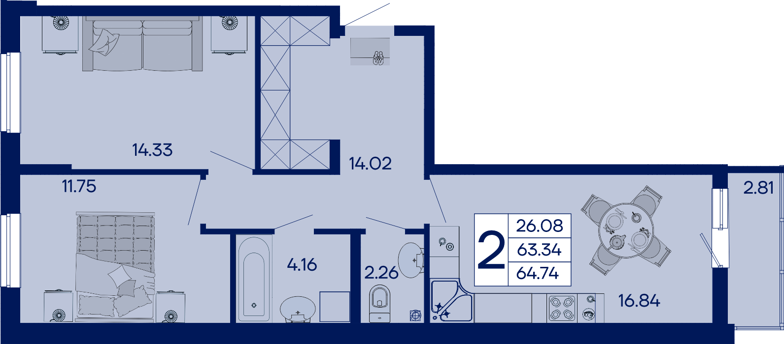 Планировка: 2-комн. квартира 64,7 м²