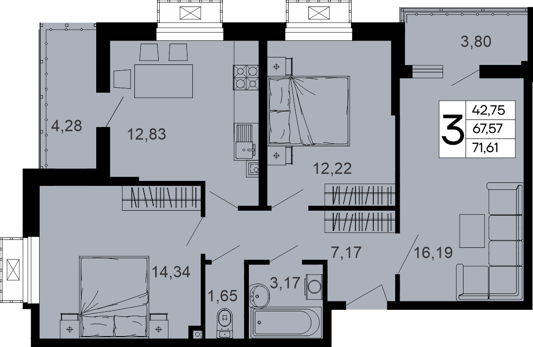 Планировка: 3-комн. квартира 71,6 м²