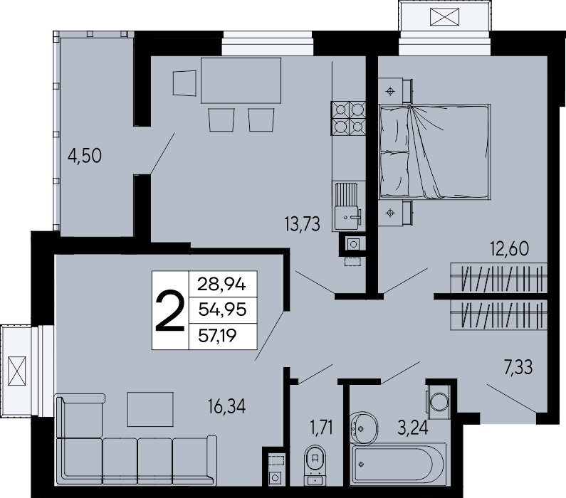 Планировка: 2-комн. квартира 57,2 м²