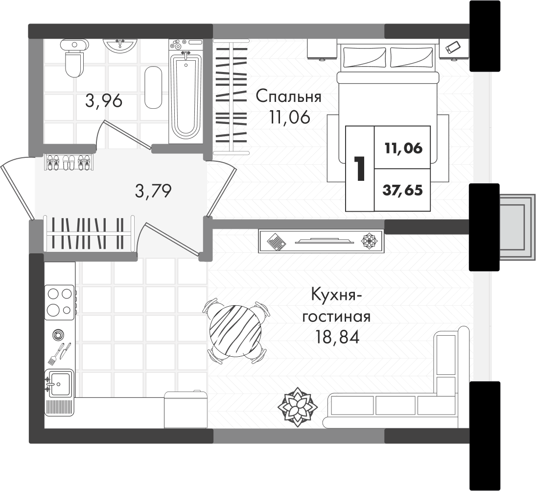 Планировка: 1-комн. квартира 37,7 м²