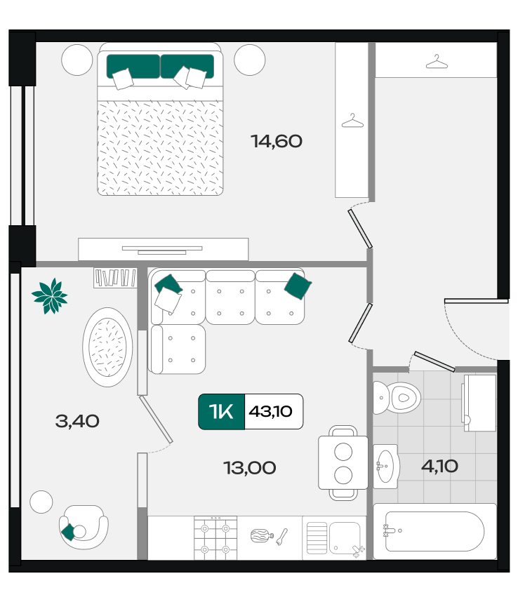 Планировка: 1-комн. квартира 43,1 м²