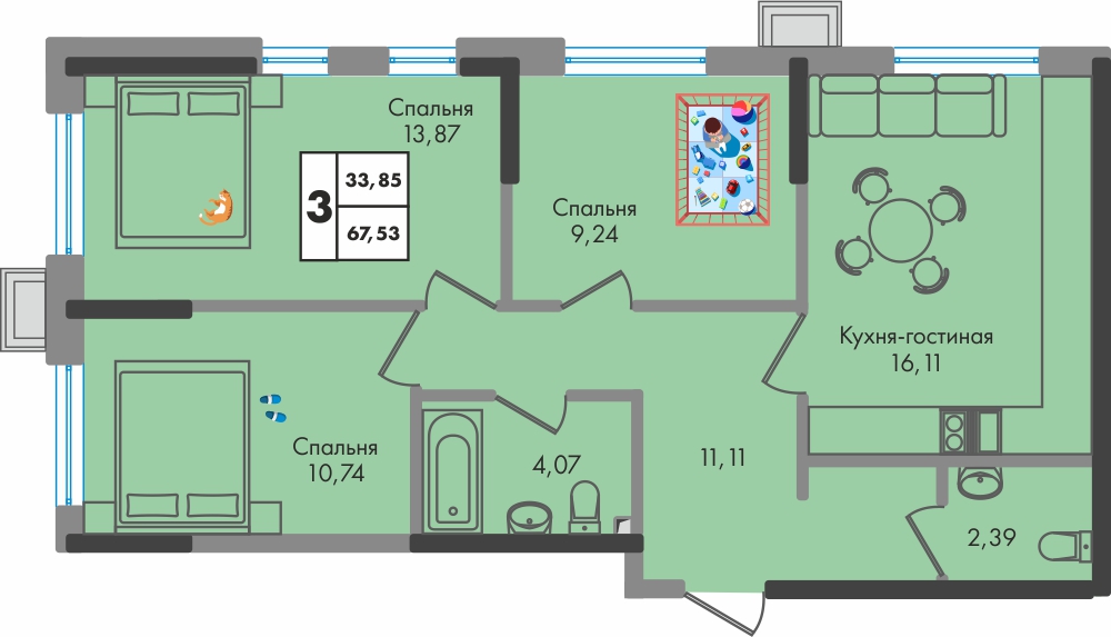 Планировка: 3-комн. квартира 67,6 м²
