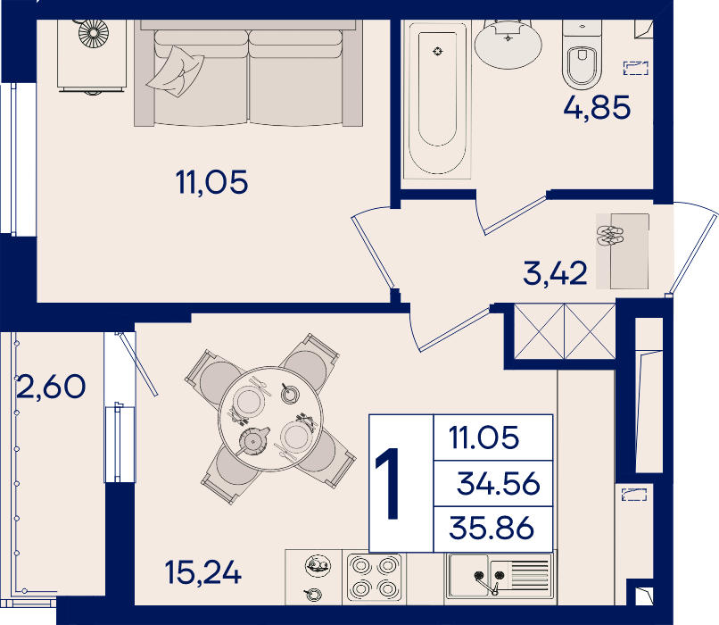 Планировка: 1-комн. квартира 35,9 м²