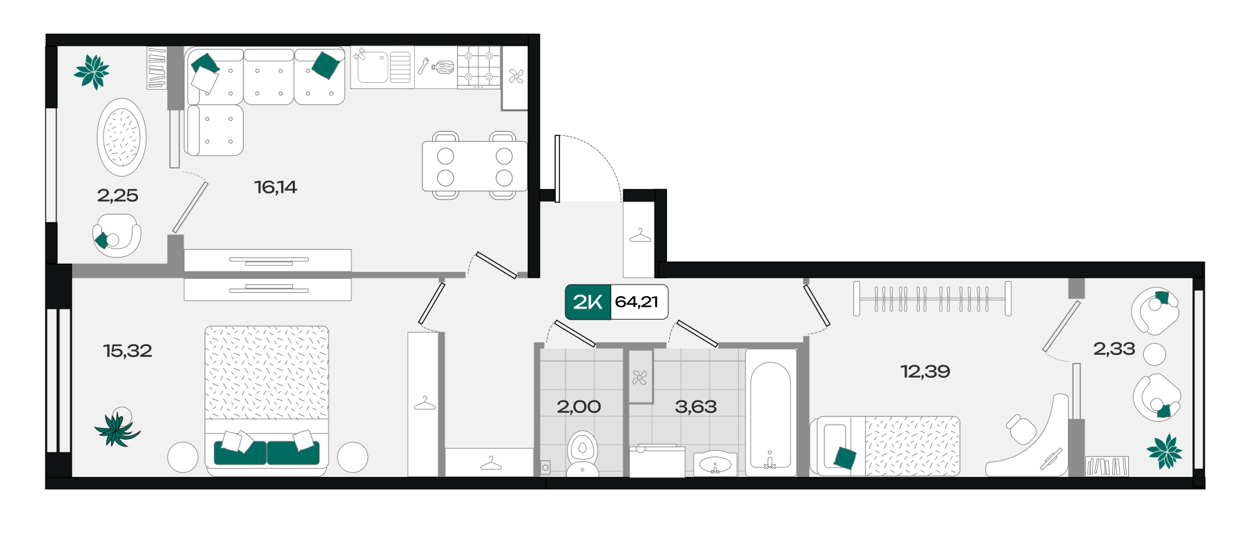 Планировка: 2-комн. квартира 64,2 м²