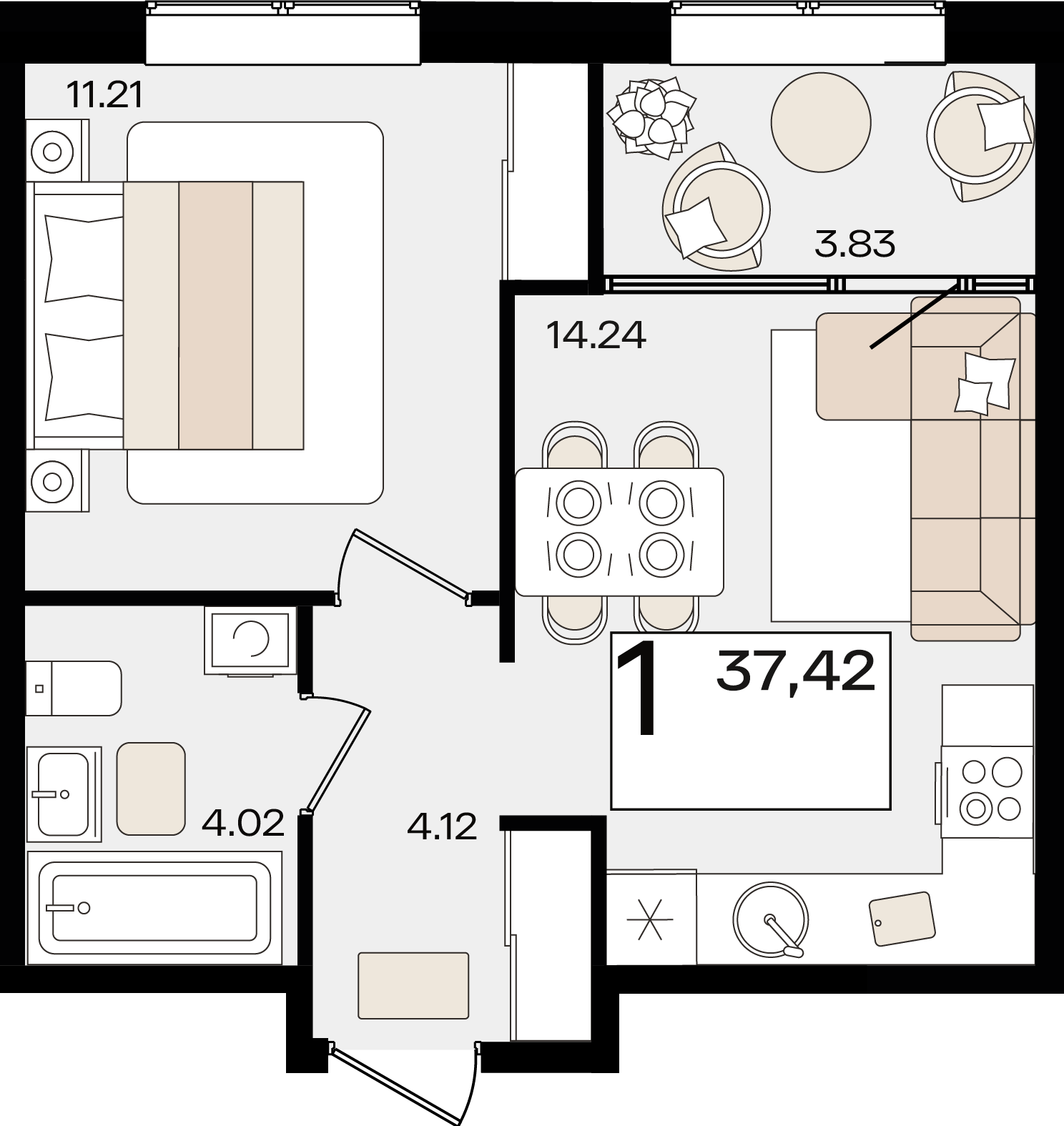 Планировка 1-комнатная 37,42 м²