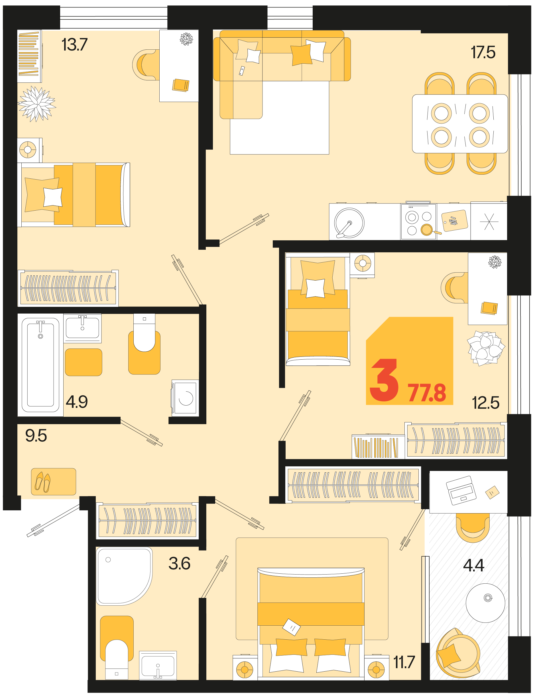Планировка 3-комнатная 77,8 м²