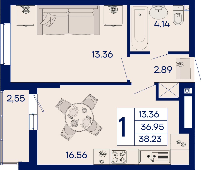 Планировка 1-комнатная 38,23 м²