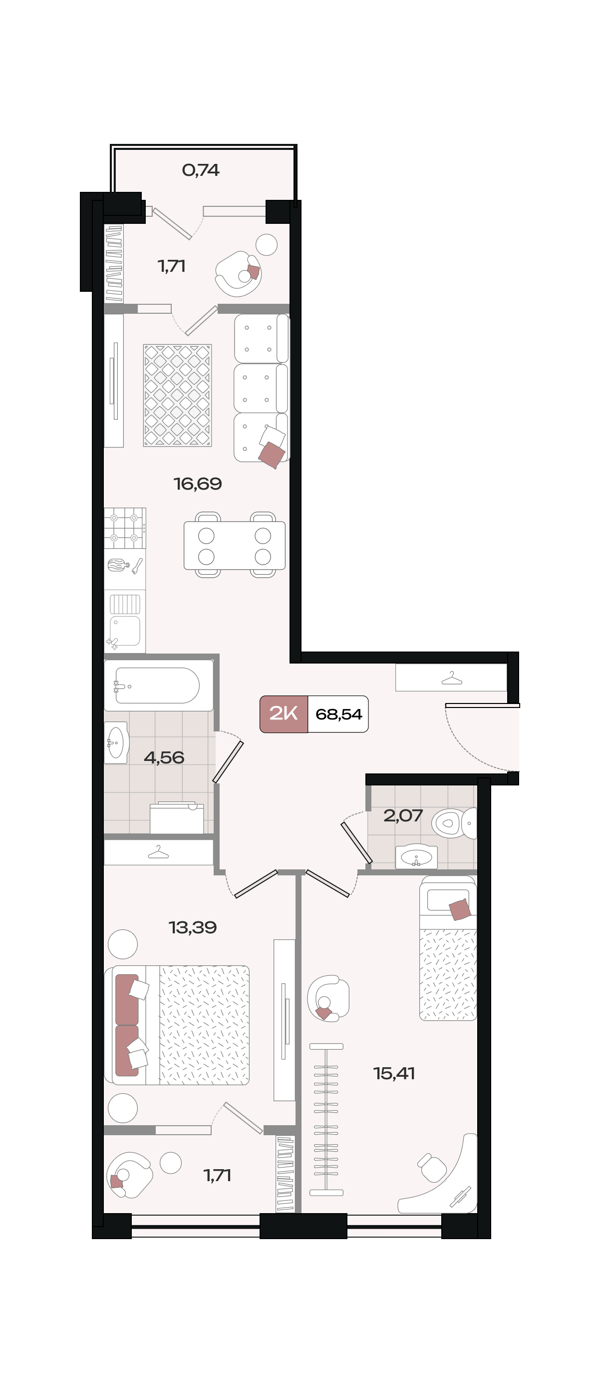 Планировка 2-комнатная 68,54 м²