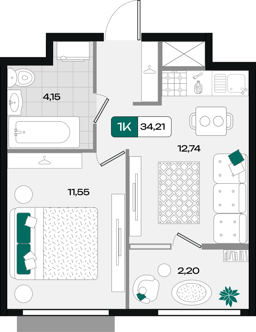 Планировка 1-комнатная 34,21 м²