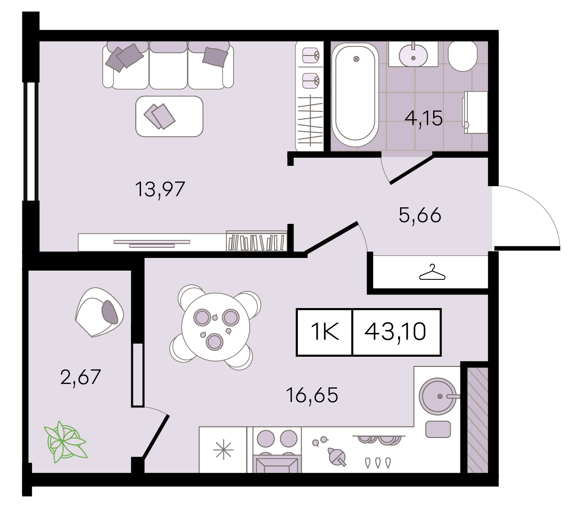 Планировка: 1-комн. квартира 43,1 м²