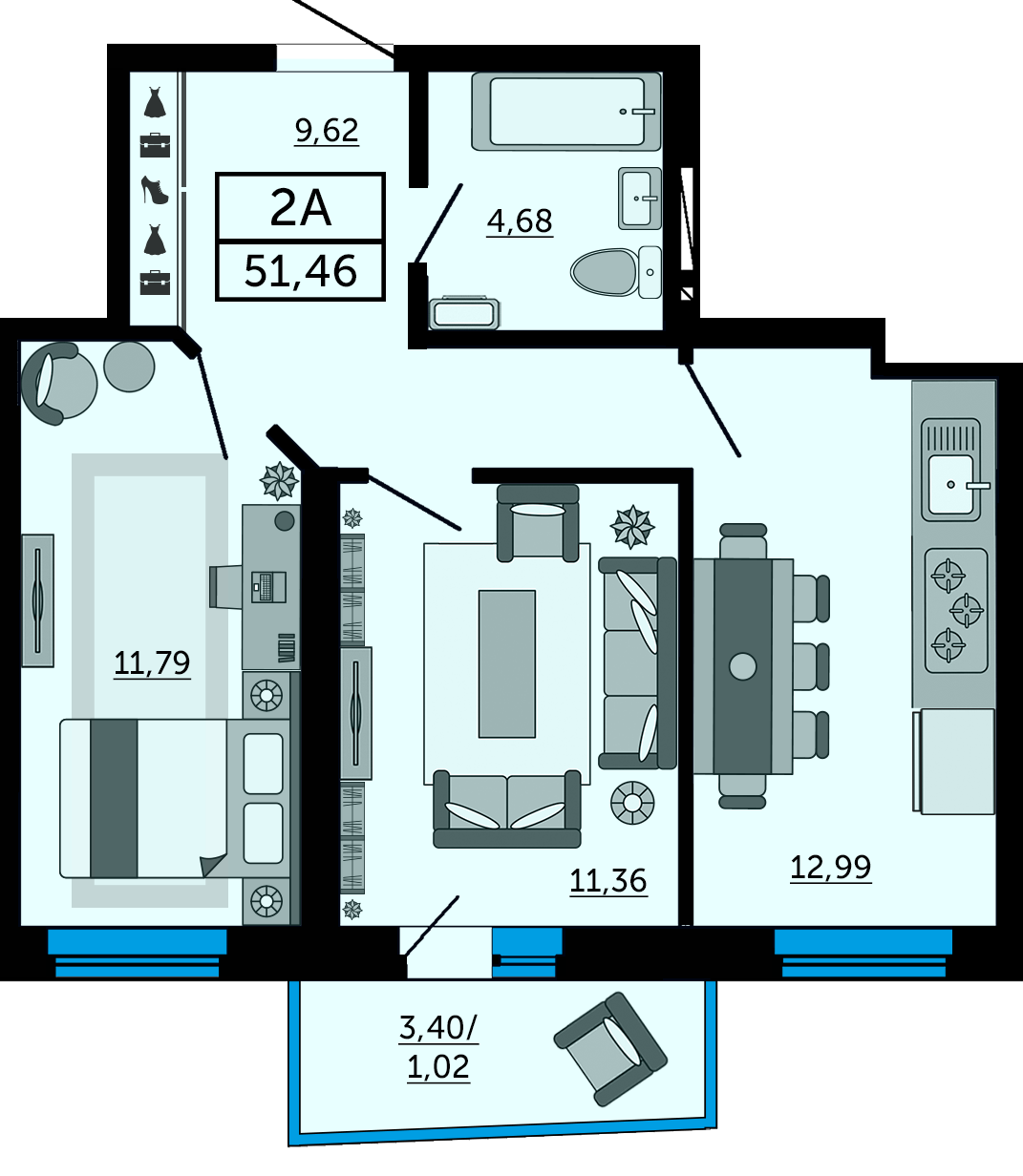 Планировка 2-комнатная 51,5 м²