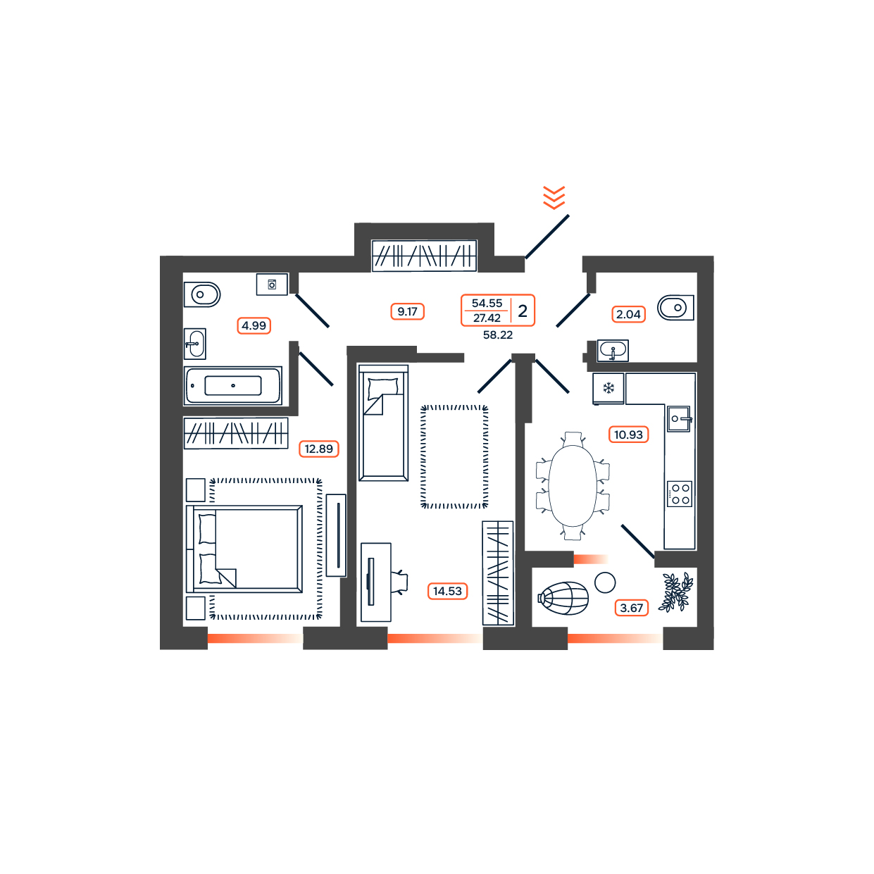 Планировка: 2-комн. квартира 58,2 м²