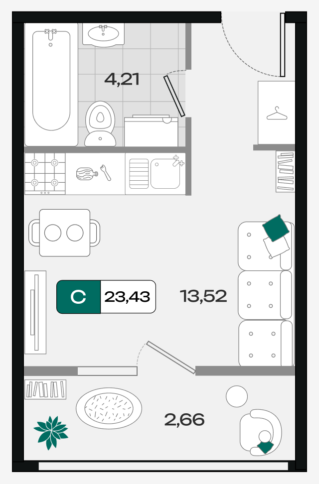 Планировка: Студия 23,4 м²
